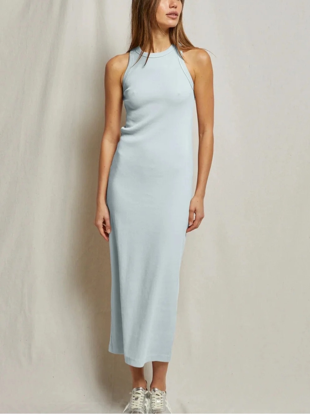 PerfectWhiteTee Cassidy Structured Rib Maxi Dress Baby Blue